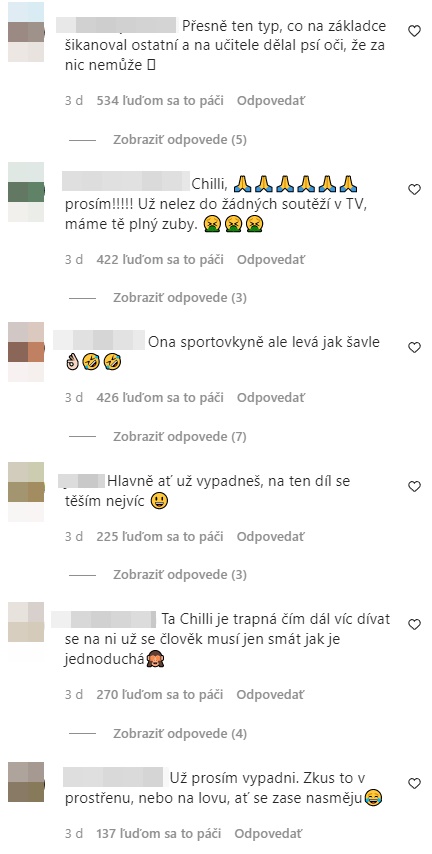 Survivor Chili komentáre z Instagramu