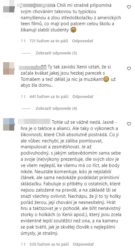 Survivor Chili komentáre z Instagramu